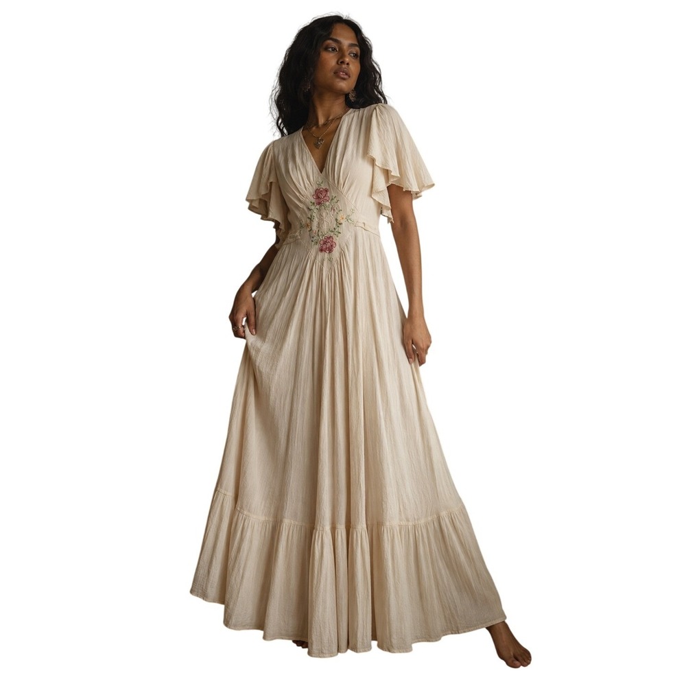 BETTY BARCLAY 70s Prairie Maxi Dress Embroidered Flutter Sleeve Cream Boho